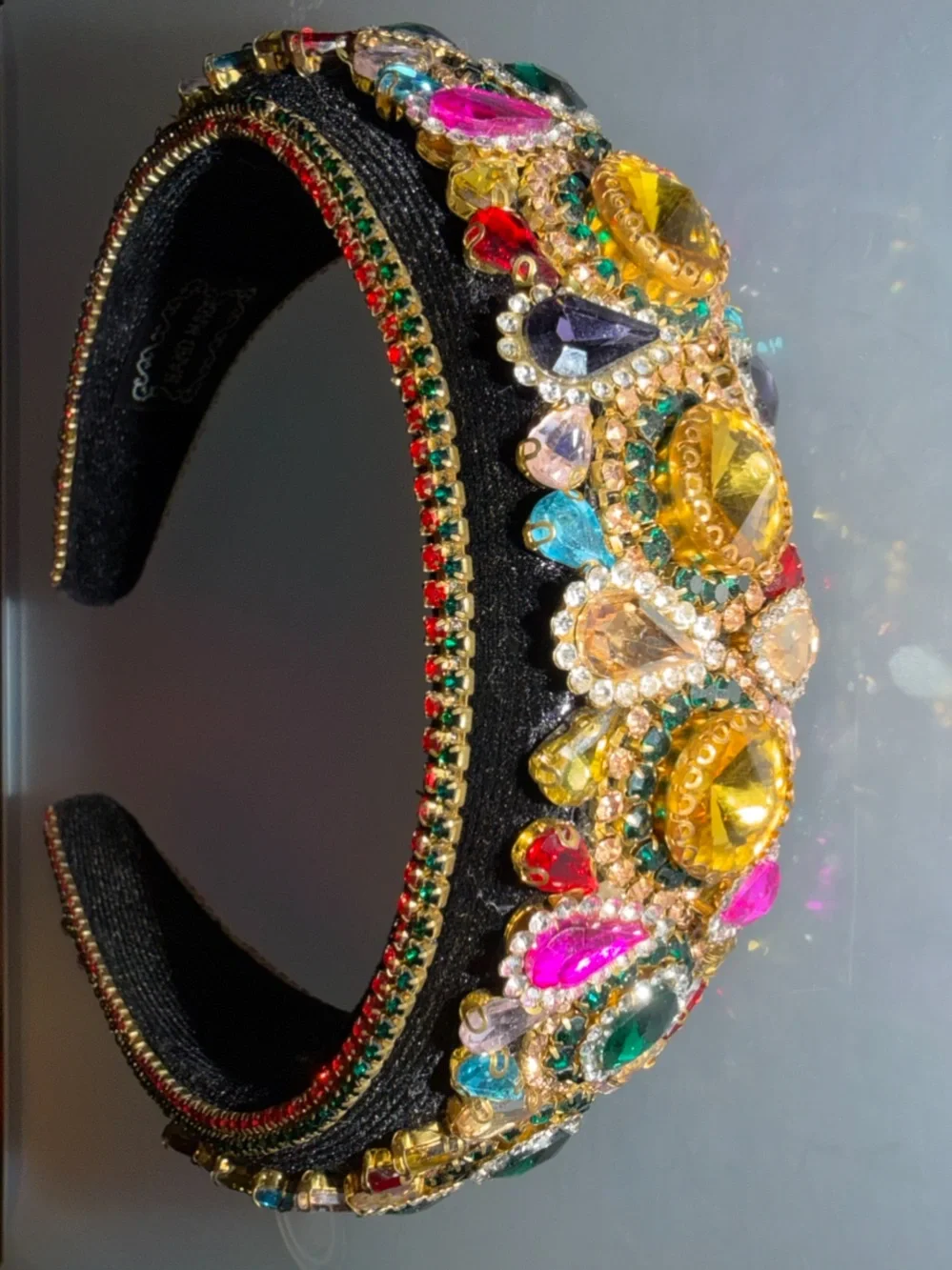 Handmade Fabulous Glass Rhinestone Bling Headband Black Velvet Runway Piece